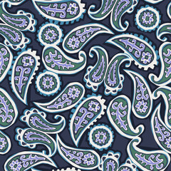 SEAMLESS TRADITIONAL PAISLEY FLORAL FLOWER PAINTED TEXTILE FABRIC APPAREL TEARDROP SHAPE ABSTRACT BANDANA HENNA PATTERN SWATCH