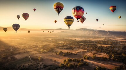 Colorful hot air balloons flying over valley and mountains. Generative AI.