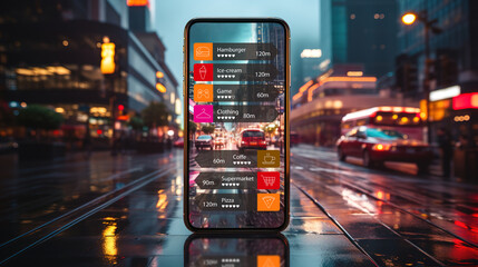 smartphone on the ground, the background is the street at night. created with generative AI technology.