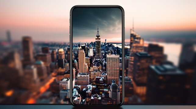 smartphone on the table, the background is the skyline at night. created with generative AI technology.