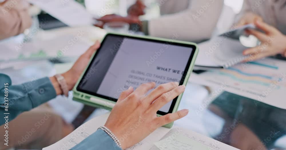 Aufkleber tablet, hands and about us website strategy with story design and research for project. company imag