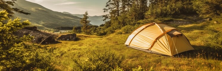 Tourist tent in a picturesque place during hiking.
Beautiful nature for picnic and camping in nature. Leisure excursions by tourists in the fresh air. Generative AI