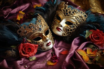 Italian Venetian masks lying on a lace tablecloth