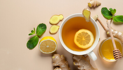 Ginger tea. Cup of ginger tea with lemon, honey and mint on beige background. Concept alternative medicine, natural homemade remedy for cold and flu. Top view. Free space for your text. - obrazy, fototapety, plakaty