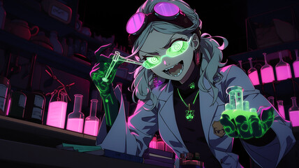 Scary anime woman, mad scientist or alchemist. Created with Generative AI.