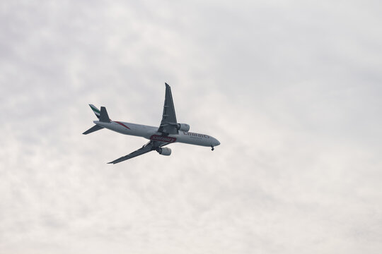 Nice, France - March 8 2023: Emirates Boeing 777 300ER approaching Cote dAzur aiport