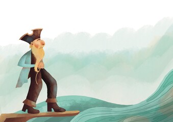 Pirate on the boat   Water Ocean Sea Cartoon Charakter Illustration Corsair © elizadesign