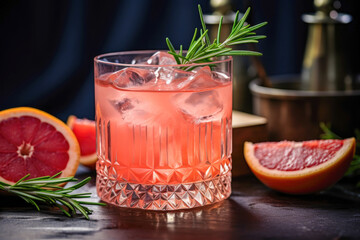 A Grapefruit vodka cocktail topped with rosemary garnish, the drink is presented on a modern table. Generative AI