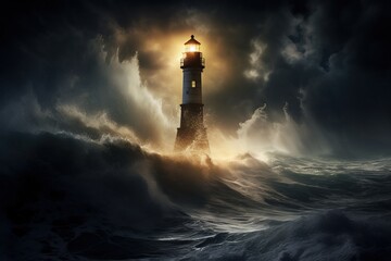 Lighthouse beam penetrating foggy darkness over a restless sea