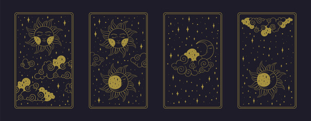 Tarot poster with astrological and celestial symbols. Aesthetic tarot design for oracle card covers. Vector illustration isolated in blue background - obrazy, fototapety, plakaty