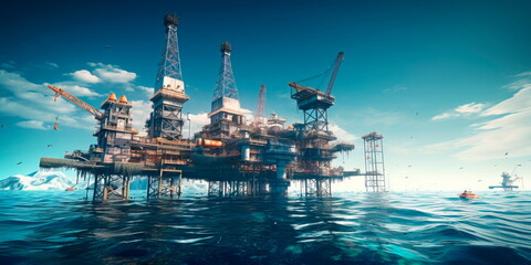 Obraz premium An offshore oil rig in the middle of the sea, with drilling platforms, pipelines, and support vessels involved in the extraction of fossil fuels. Generative AI