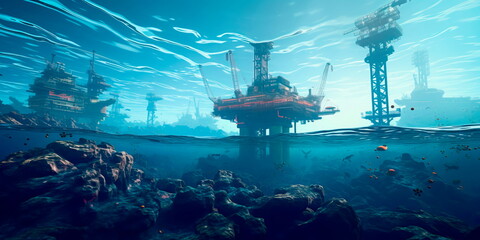An offshore oil rig in the middle of the sea, with drilling platforms, pipelines, and support vessels involved in the extraction of fossil fuels. Generative AI - obrazy, fototapety, plakaty