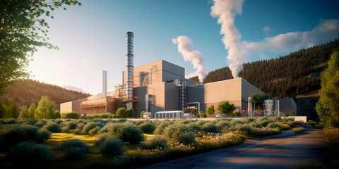 biomass power plant utilizing organic waste to produce energy, surrounded by lush greenery. Generative Ai - obrazy, fototapety, plakaty