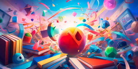 dynamic back to school background with a burst of colorful geometric shapes and symbols representing different academic subjects. Generative Ai - obrazy, fototapety, plakaty