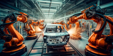 high-tech automotive assembly line with precision robots and skilled technicians meticulously crafting cars with cutting-edge technology. Generative AI