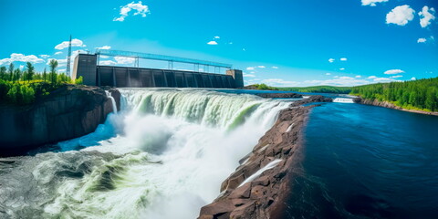 hydroelectric dam generating green energy from flowing water, with a cascading waterfall in the background. Generative Ai