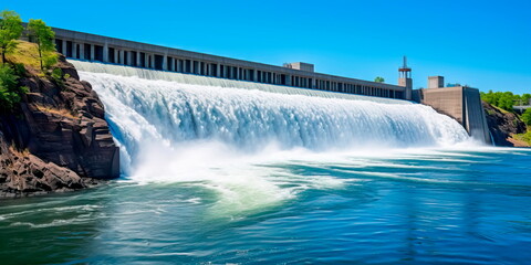 hydroelectric dam generating green energy from flowing water, with a cascading waterfall in the background. Generative Ai - obrazy, fototapety, plakaty