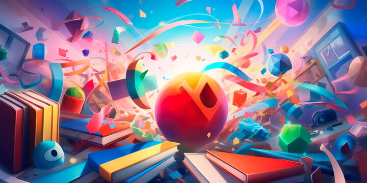 dynamic back to school background with a burst of colorful geometric shapes and symbols representing different academic subjects. Generative Ai