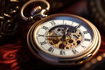 Macro shot of an antique pocket watch, focus on the minute hand