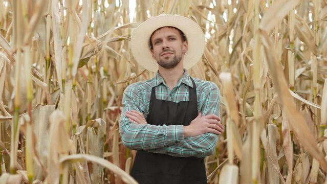 Portrait of caucasian male farmer in hat folding his hands in front of him in corn field. Calm look of satisfied entrepreneur growing food in large areas. Dry period in agriculture.
