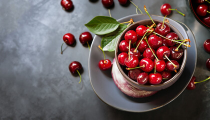 Ripe cherries in bowls on a dark background. Summer background.