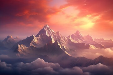 Majestic mountain range bathed in soft, rosy light at sunrise - obrazy, fototapety, plakaty