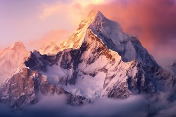 Majestic mountain range bathed in soft, rosy light at sunrise