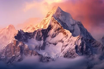 Fototapete Hell-pink Majestic mountain range bathed in soft, rosy light at sunrise