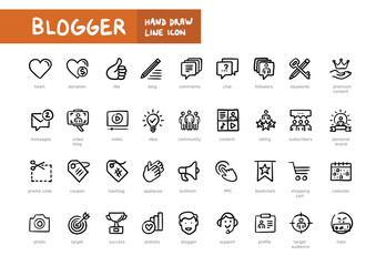 Blogger hand writting line web icon set. Outline icons collection. Simple vector illustration. Social network, influencer, blog.