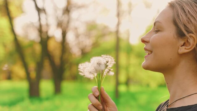 Portrait happy woman holding bouquet ripe dandelions in hands, smiling face enjoys nature. girl blows on dandelions white seeds petals fly, mouth closeup. sun green forest grass trees, park walk fun