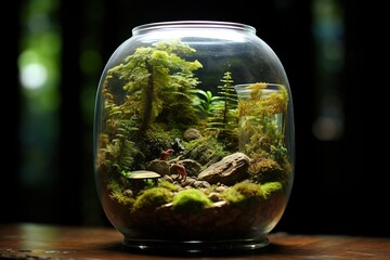 Miniature ecosystem inside a delicately arranged terrarium