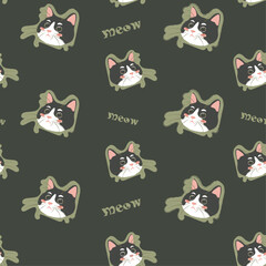 Perfect seamless simple pattern with cute cats and meows. Сalm and pleasant natural colours