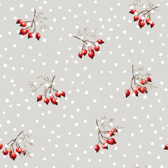 Christmas seamless pattern, red berries, white snow, beige background. Vector illustration. Nature design. Season greeting. Winter Xmas holidays