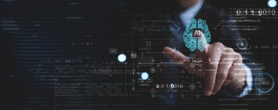 AI, Artificial Intelligence, Machine learning, Business man touching on digital brain, AI symbol with big data network connection, deep learning, data science technology, business intelligence