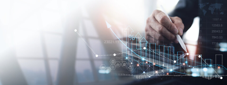 Businessman analyzing financial graph growth, business development with global network connection to increase sales data, business strategy and planning for achieve business investment goal