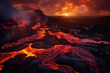 Molten lava flowing from an active volcano, fire meets earth