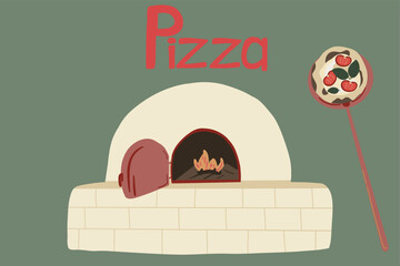 Pizza oven bake Italian food hand drawn