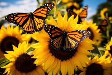 Monarch butterflies congregating on a sunflower head
