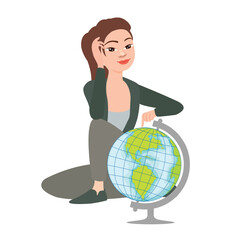 Vector Cartoon Woman Sitting on Floor with Terrestrial Globe