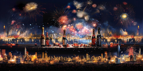 New Year celebration with champagne and fireworks with city panorama. Happy New Year 2024 greeting card with copy space. AI generated.