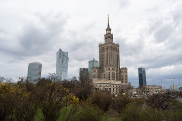 Fototapeta na wymiar Skyscrapers in Warsaw city center, Poland. View of the Palace of Culture and Science and other high-rise buildings in Śródmieście downtown, central district of Polish capital.
