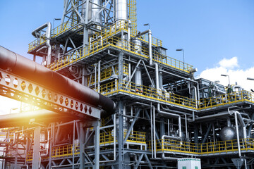 Oil refinery. Petroleum plant factory building. Big industrial zone equipment.