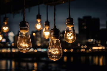 Decor of light bulbs hanging outdoors against the background of glowing night urban landscape, created with Generative AI