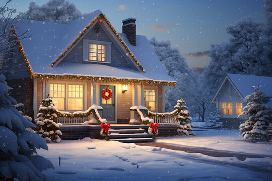 A small American house decorated for Christmas. AI Gemerated image.