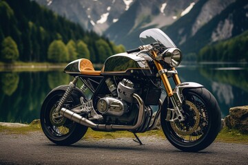 Obraz premium motorcycle on background of mountains.