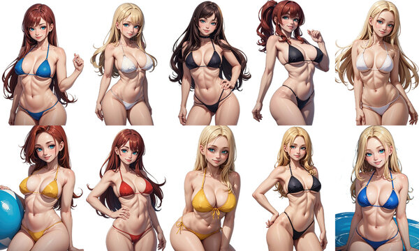  Set of Cute sexy woman in bikini swimsuit. Collection of png illustrations, isolated transparent background anime style cartoon collage