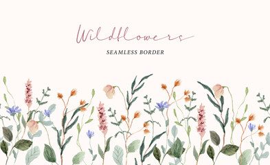 beautiful wildflower watercolor seamless border - obrazy, fototapety, plakaty