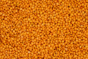 Pile of red lentils as background, legume as background. close-up of raw red lentils. Top view