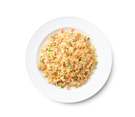 Top view of Fried rice with pork and egg isolated on white background. Clipping path.