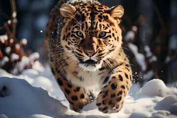 Leopard leaping gracefully through the air in a snowy forest